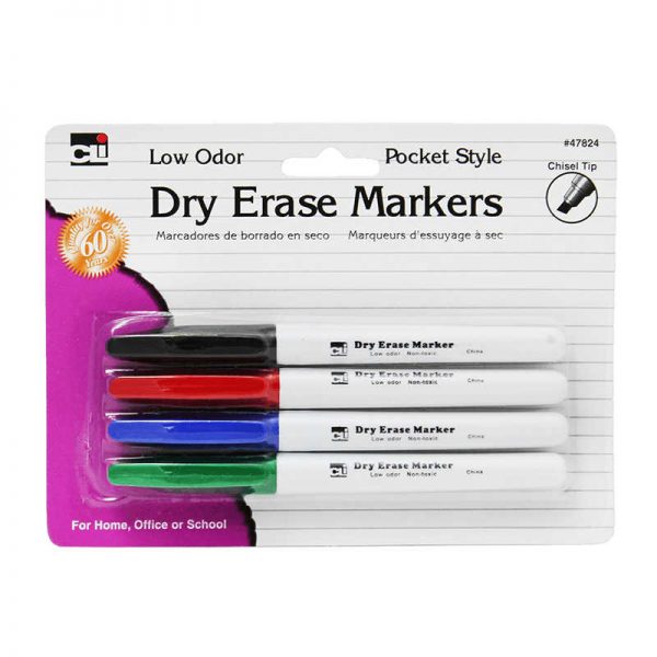 CHARLES LEONARD DRY ERASE MARKERS POCKET STYLE 4PK CHL47824