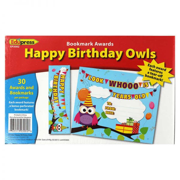 EDUPRESS HAPPY BIRTHDAY OWLS BOOKMARK AWARD EP-3082