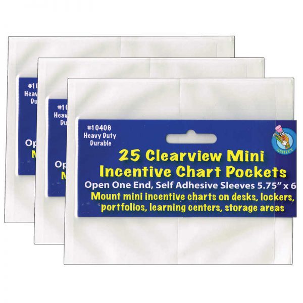 Ashley Productions® Clear View Self-Adhesive Mini Incentive Chart Pocket 6" x 7", 25 Per Pack, 3 Packs