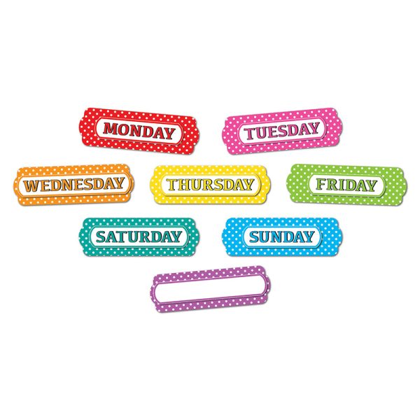 Ashley Productions® Magnetic Die-Cut Timesavers & Labels, Days of the Week, White Polka Dots On Assorted Colors, 8 Pieces