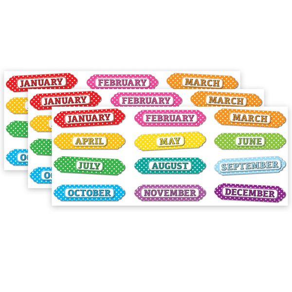 Ashley Productions® Magnetic Die-Cut Timesavers & Labels, Months of the Year, White Polka Dots On Assorted Colors, 12 Per Pack, 3 Packs
