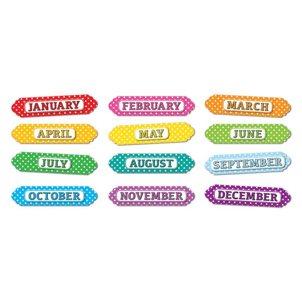 Ashley Productions® Magnetic Die-Cut Timesavers & Labels, Months of the Year, White Polka Dots On Assorted Colors, 12 Pieces