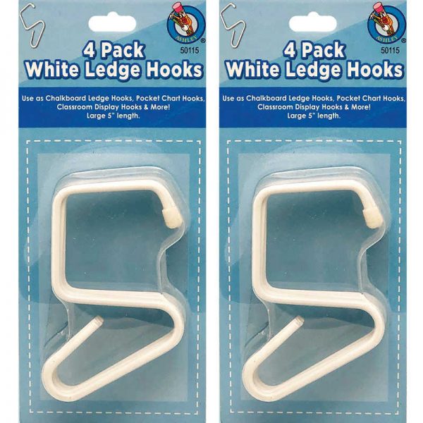 Ashley Productions® Classroom Ledge Hooks for Chalkboard Trays, White, 4 Per Pack, 2 Packs