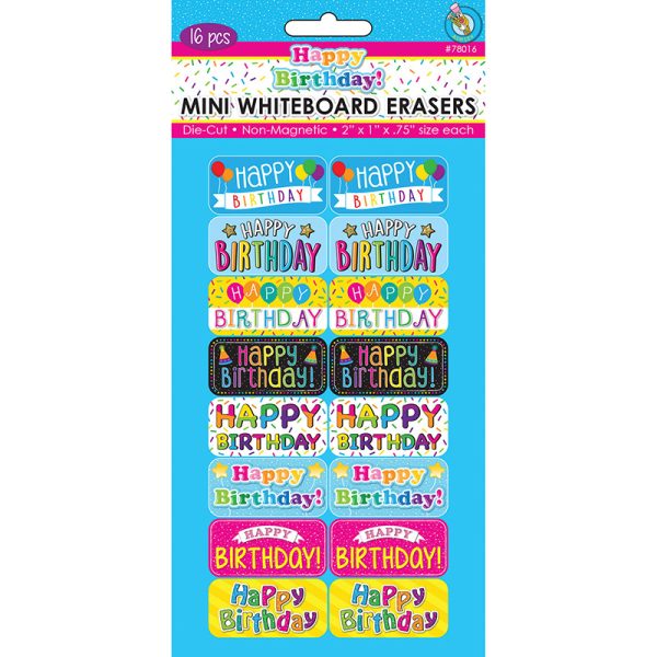 Ashley Productions® Non-Magnetic Mini Whiteboard Erasers, Happy Birthday, Pack of 16
