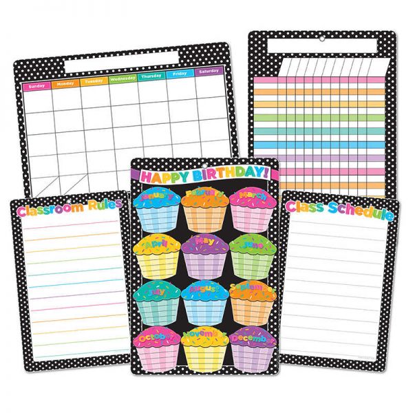 Ashley Productions® Smart Poly™ B&W Polka Dots Classroom Charts, 13" x 19", Set of 5