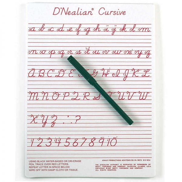 Ashley Productions® D'Nealian Cursive Write-On/Wipe-Off Board, 9" x 12"