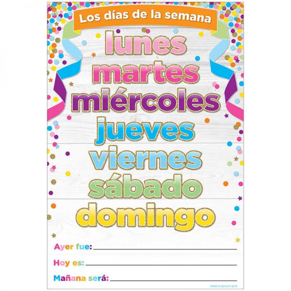 Ashley Productions® Smart Poly™ Spanish Chart, 13" x 19", Confetti, Los días de la semana (Days of the Week)