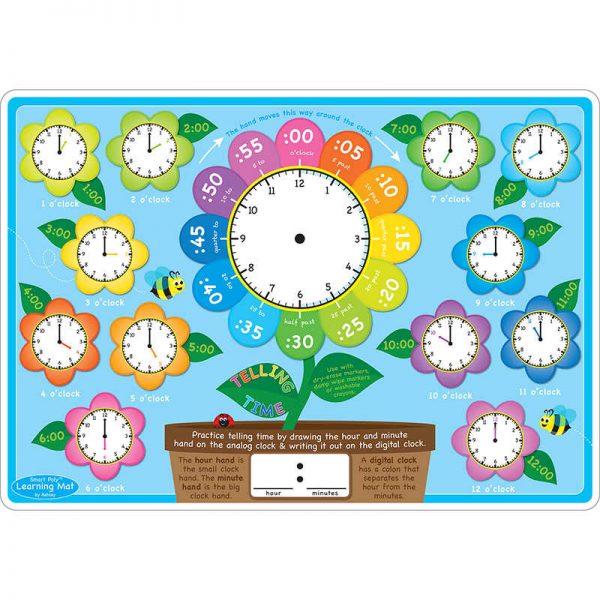 Ashley Productions® Smart Poly™ Learning Mat, 12" x 17", Double-Sided, Telling Time