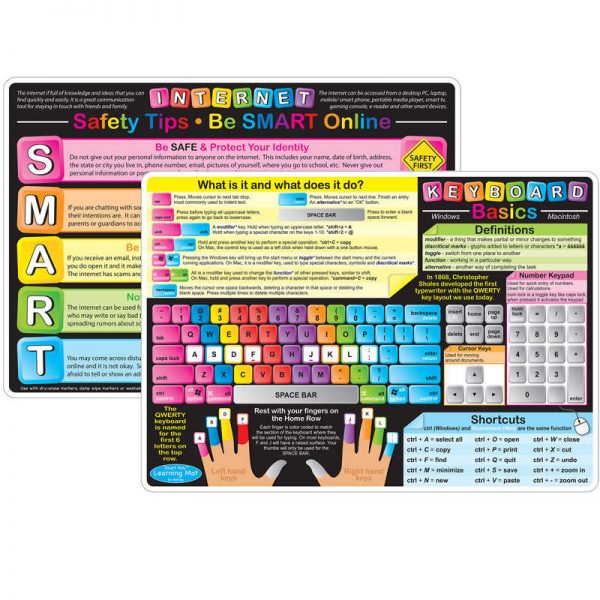 Ashley Productions® Smart Poly™ Learning Mat, 12" x 17", Double-Sided, Keyboard Basics & Internet Safety, Pack of 6
