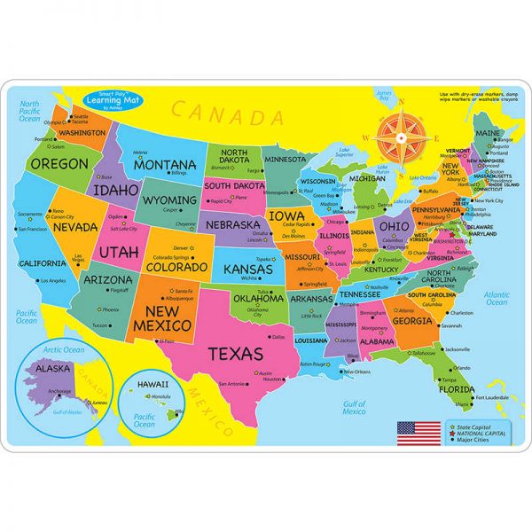 Ashley Productions® Smart Poly™ Learning Mats, 12" x 17", Double-Sided, U.S. Basic Map, Pack of 10