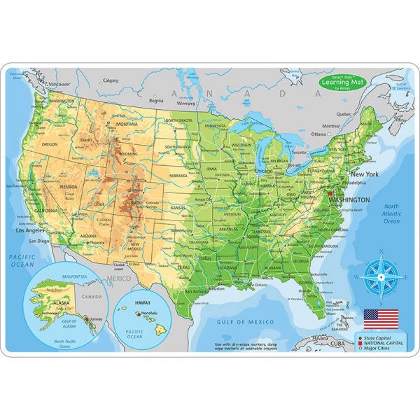 Ashley Productions® Smart Poly™ Learning Mats, 12" x 17", Double-Sided, U.S. Physical Map, Pack of 10