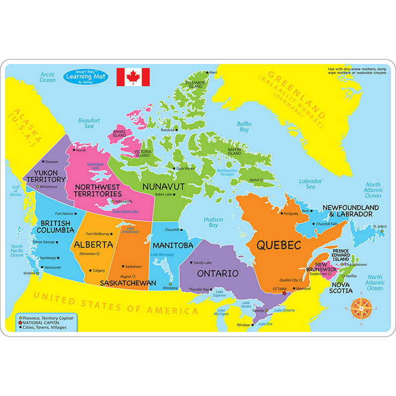 Ashley Productions® Smart Poly™ Learning Mats, 12" x 17", Double-Sided, Canada Basic Map, Pack of 10