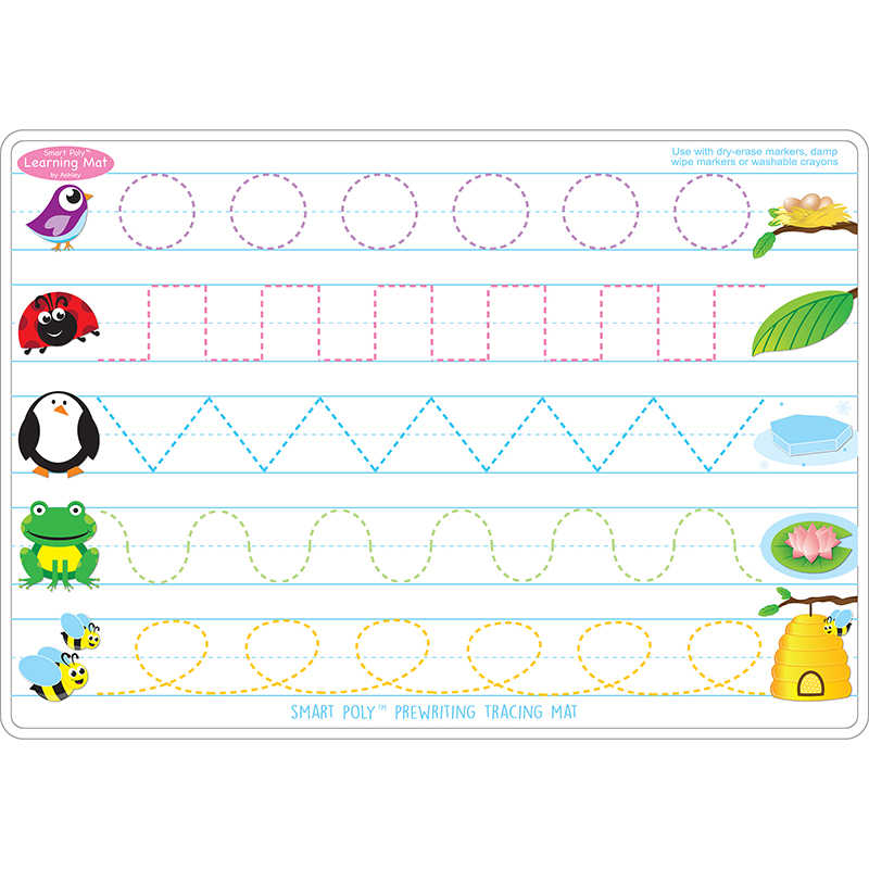 Ashley Productions® Smart Poly™ Learning Mats, 12" x 17", Double-Sided, Prewriting & Shape Tracing, Pack of 10