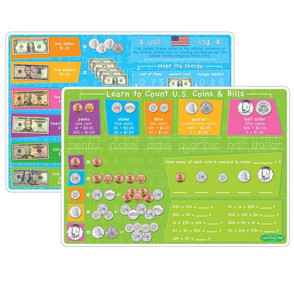 Ashley Productions® Smart Poly™ Learning Mats, 12" x 17", Double-Sided, U.S. Currency, Pack of 10