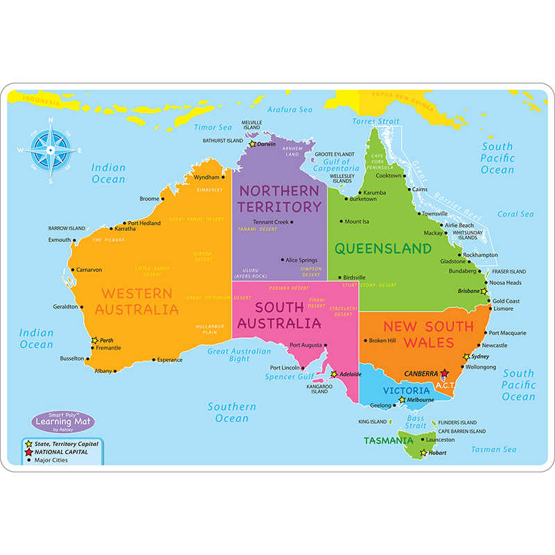Ashley Productions® Smart Poly™ Learning Mats, 12" x 17", Double-Sided, Australian Map Basic, Pack of 10