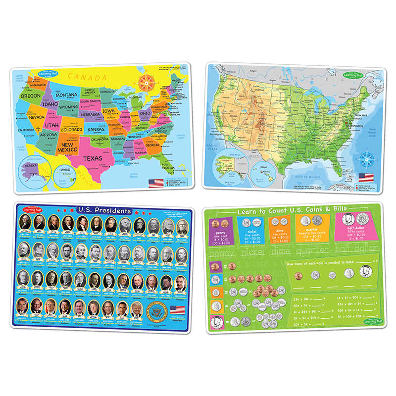 Ashley Productions® Smart Poly™ Learning Mats, 12" x 17", Double-Sided, U.S. Education, Set of 4