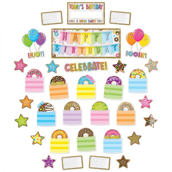 Ashley Productions® Smart Poly® Mini Bulletin Board Set, Birthday Donutfetti Design, 33 Pieces