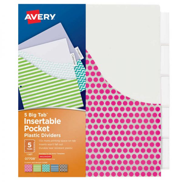 Avery® Big Tab™ Insertable Plastic Dividers with Pockets, 5-Tab Set, Assorted Designs