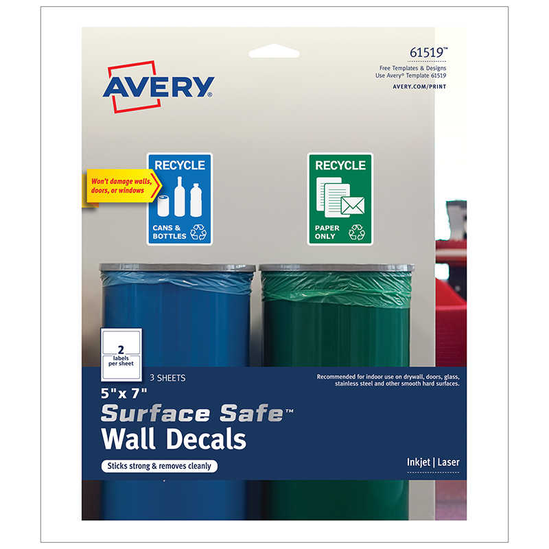 Avery® Surface Safe® Wall Decals, Removable Adhesive, 5" x 7" Labels, Pack of 6