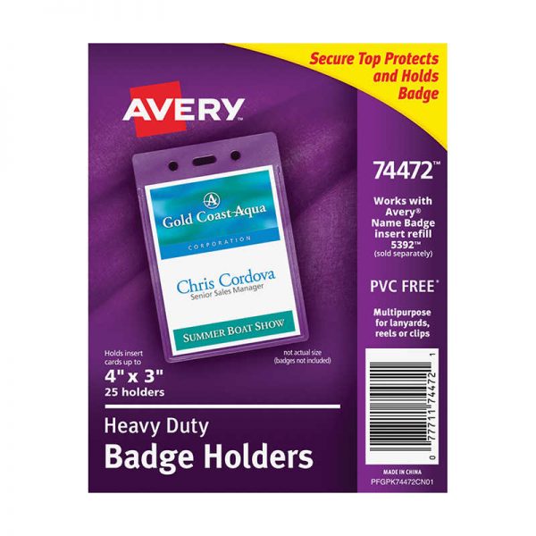 Avery® Heavy-Duty Badge Holders, Portrait, 4" x 3", 25 Holders