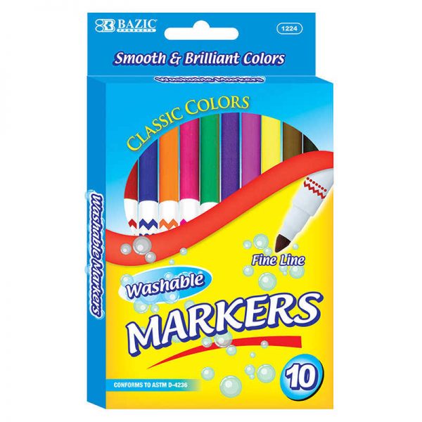 Bazic® Washable Markers, Super Tip, 10 colors