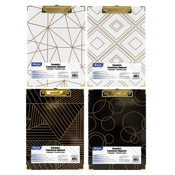 BAZIC Paperboard Clipboard with Gold Low Profile Clip, Assorted Geometric Designs (No Design Choice), 12.9" x 9"