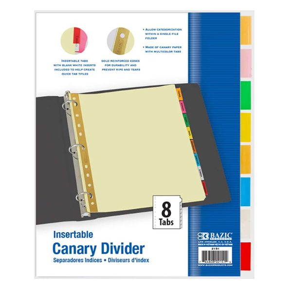 BAZIC Canary Paper Dividers with Insertable Color Tabs, Pack of 8