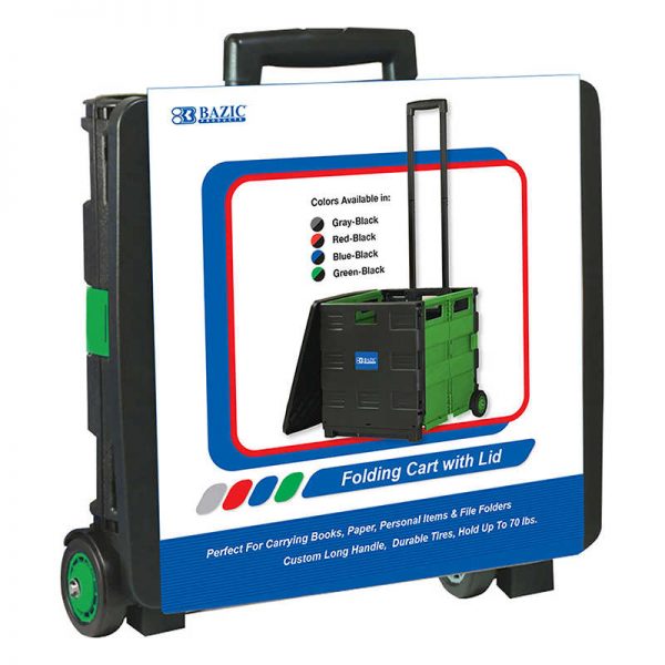 Bazic® Folding Cart on Wheels w/Lid Cover, 16" x 18" x 15", Black/Green