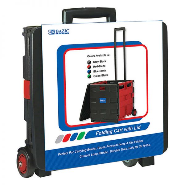 Bazic® Folding Cart on Wheels w/Lid Cover, 16" x 18" x 15", Black/Red