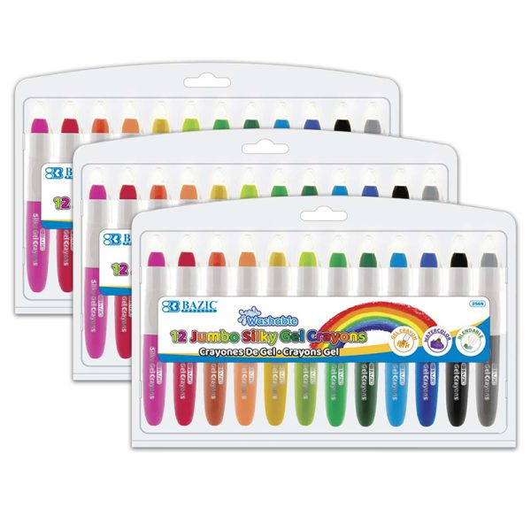 BAZIC Washable Jumbo Silky Gel Crayons, 12 Per Pack, 3 Packs