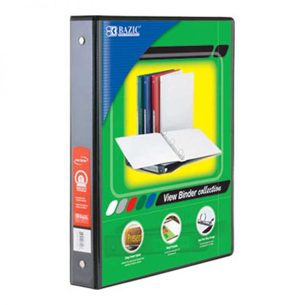 Bazic® 3-Ring View Binder with 2 Pockets, 1", Black