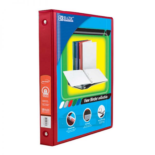 Bazic® 3-Ring View Binder with 2 Pockets, 1", Red