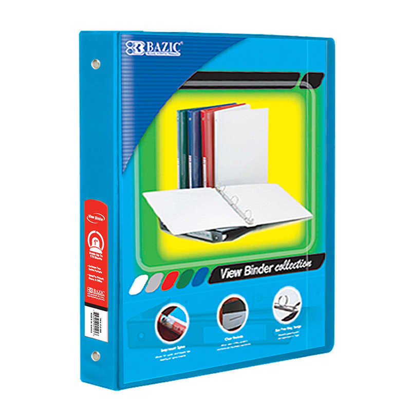 Bazic® 3-Ring View Binder with 2 Pockets, 1", Cyan