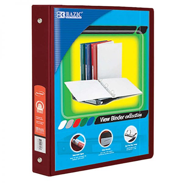 Bazic® 3-Ring View Binder with 2 Pockets, 1.5", Burgundy