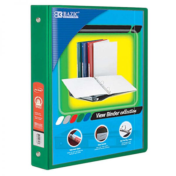 Bazic® 3-Ring View Binder with 2 Pockets, 1.5", Green