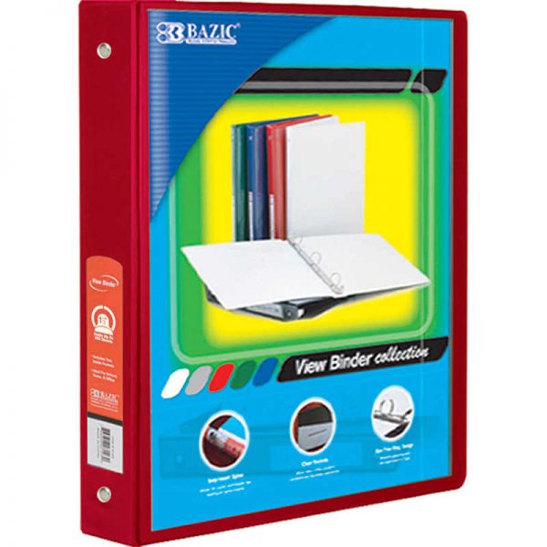 Bazic® 3-Ring View Binder with 2 Pockets, 1.5", Red