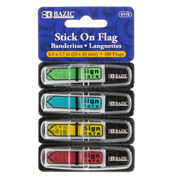 Bazic® Neon Color Printed Sign Here Flags with Dispenser, 25 ct., 4/Pack