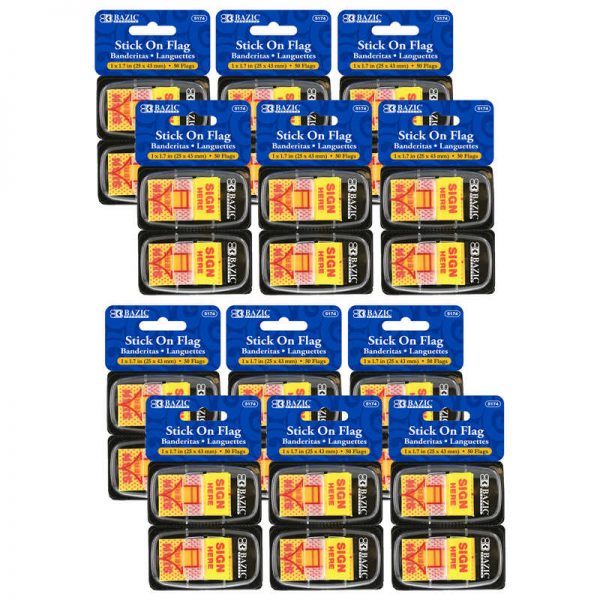 Bazic® Yellow Color Printed Sign Here Flags with Dispenser, 50 Per Pack, 12 Packs