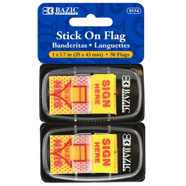 Bazic® Yellow Color Printed Sign Here Flags with Dispenser, 25 ct., 2/Pack