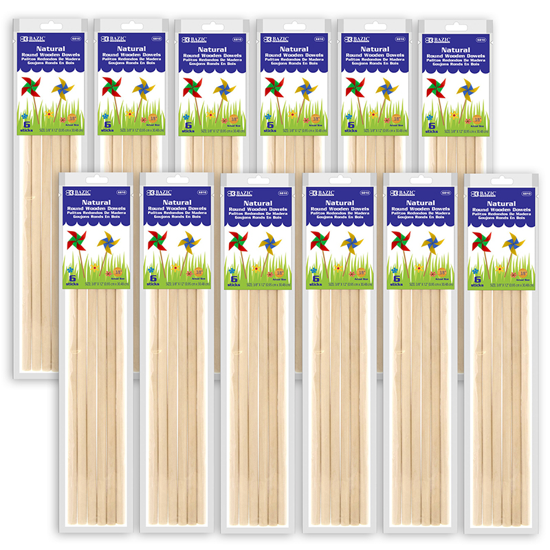 BAZIC Products® Round Natural Wooden Dowel, 3/8" x 12", 6 Per Pack, 12 Packs