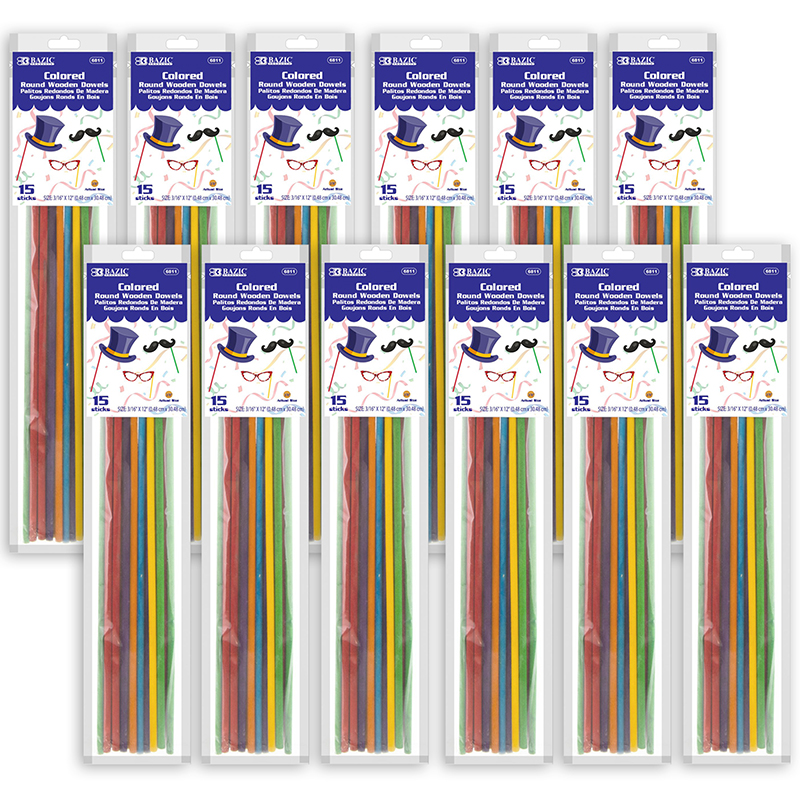 BAZIC Products® Round Multi-Colored Wooden Dowel, 3/16" x 12", 15 Per Pack, 12 Packs