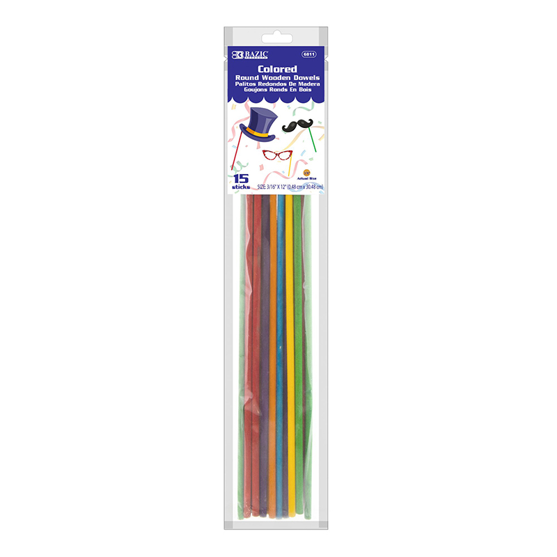 TeachersParadise - BAZIC Products® Round Multi-Colored Wooden Dowel, 3/16  x 12, Pack of 15 - BAZ6811
