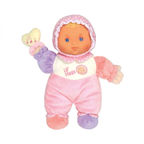 JC Toys Lil' Hugs Baby's First Soft Doll, Vinyl Face, Pastel Outfits with Rattle, 12" Caucasian