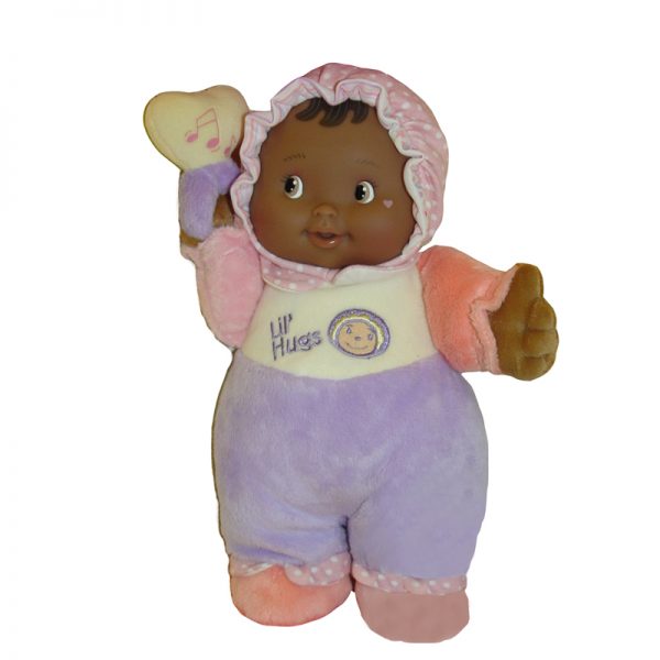 JC Toys Lil' Hugs Baby's First Soft Doll, Vinyl Face, Pastel Outfits with Rattle, 12" African-American