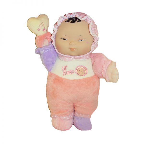 JC Toys Lil' Hugs Baby's First Soft Doll, Vinyl Face, Pastel Outfits with Rattle, 12" Asian
