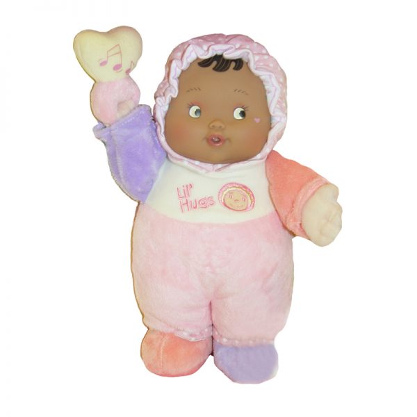 JC Toys Lil' Hugs Baby's First Soft Doll, Vinyl Face, Pastel Outfits with Rattle, 12" Hispanic