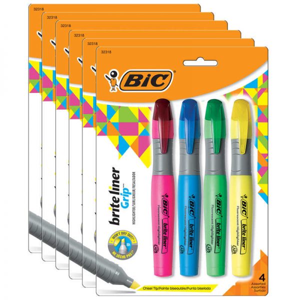 BIC® Brite Liner® Grip Tank Highlighter, Chisel Tip, Assorted Colors, 4 Per Pack, 6 Packs