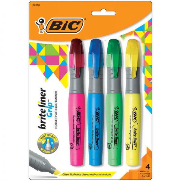 BIC® Brite Liner® Grip Tank Highlighter, Chisel Tip, Assorted Colors, Pack of 4