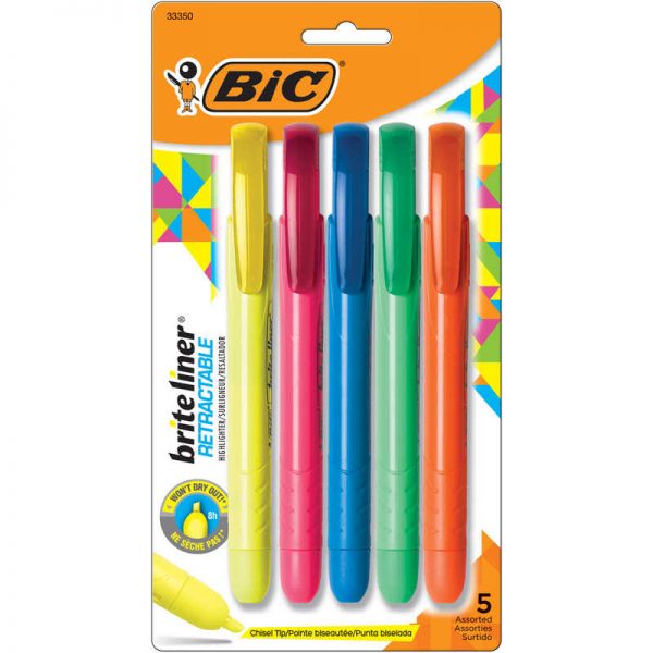 BIC® Brite Liner® Retractable Highlighter, Chisel Tip, Assorted Colors, Pack of 5
