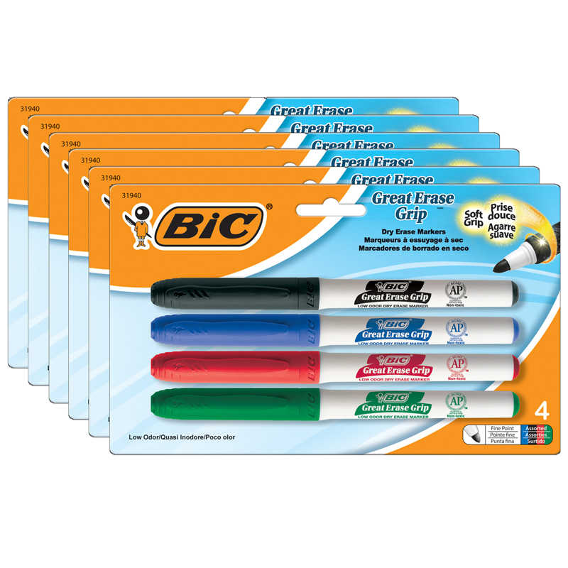 BIC® Great Erase® Low Odor Dry Erase Markers, Fine Point, Assorted Colors, 4 Per Pack, 6 Packs